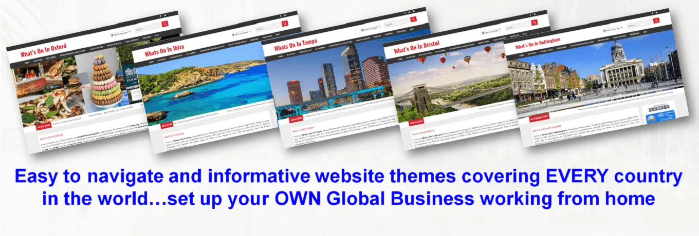 Easy to navigate and informative website themes covering EVERY country in the world…set up your OWN Global Business working from home